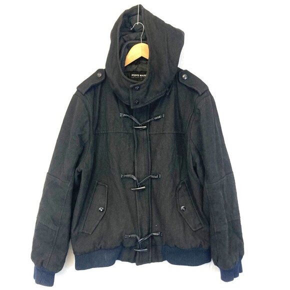 Steve Madden Mens Heavyweight Wool Jacket XL Black Zip & Toggle Coat Y2K Style - Picture 1 of 16